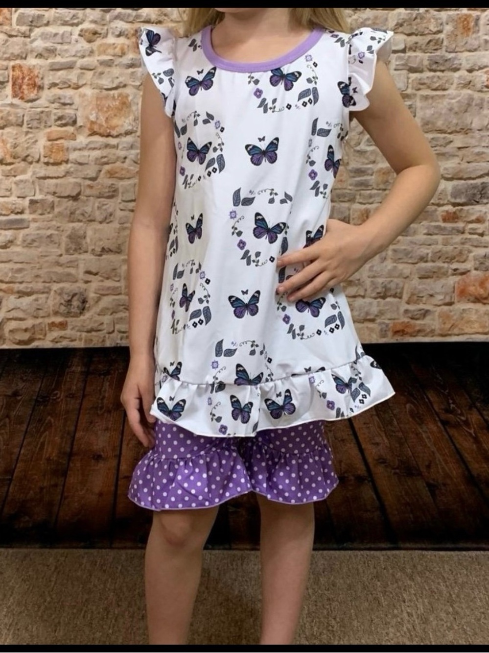 NEW Boutique Girl’s Butterfly Polka Dot Top & Ruffle Shorts Outfit Set